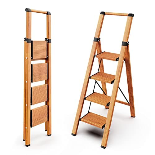 WOA WOA 4 Step Ladder Ladders for Home AntiSlip Pedals Aluminum Step Stool Foldable Lightweight to Move Ease of Storage Reach 9ft for Closet Kitchen Library Hold 300lbs Wood Grain