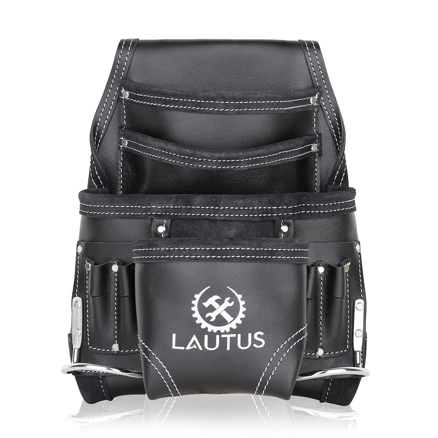 LAUTUS Oil Tanned Leather Tool Pouch Bag Black Carpenter Construction Framers Handyman 10 Pockets 2 Hammer Holders 100 Leather