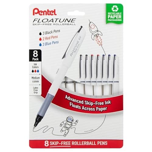 Pentel Floatune Rollerball Pen 08mm Medium Point BlackBlueRed Ink Pack of 8 pens BY108PF8OFC