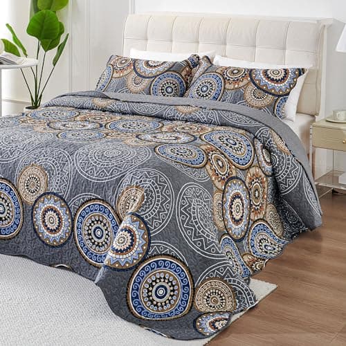 3 Pieces King Size Quilt Set Lightweight Summer Bedspread 98''x106'' Soft Microfiber Floral Coverlet Luxurious Warm Bed Cover for All Seasons Vintage Gray Bedding Set (1 Quilt, 2 Pillow Shams)