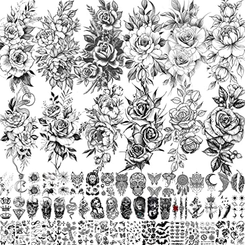 VANTATY 63 Sheets Realistic Black Rose Peony Flower Temporary Tattoos for Women Adults Body Art Arm, Snake Fake Floral Sketch Sleeve Tattoo Sticker