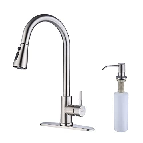 Keer Brush Nickel Single Handle Pull Down Kitchen Faucet with Soap Dispenser, 3 Modes Sprayer, Easy Assembly, Single Handle High Arc Stainless Steel Faucet