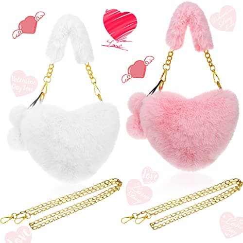 Saintrygo 2 Pcs Valentines Day Furry Purse Heart Shaped Purse Women Soft Fluffy Faux Fur Handbag Gift for Christmas(White, Pink)