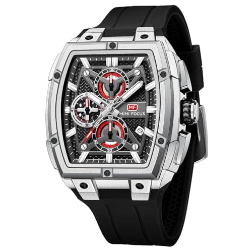 MF MINI FOCUS Men's Watch Analog Fashion Wrist Watch, Skeleton Tonneau Watch for Men with Chronograph,Ideal for Sports Enthusiasts and Daily Wear (Silver)