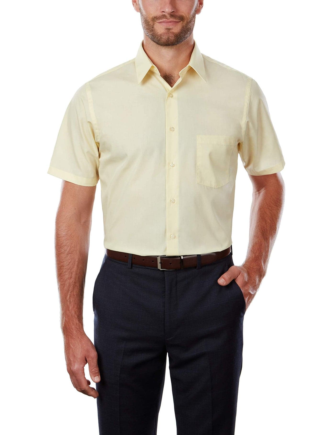 Van Heusen Men's Short Sleeve Dress Shirt Regular Fit Poplin Solid, Light Maize, 16" Neck