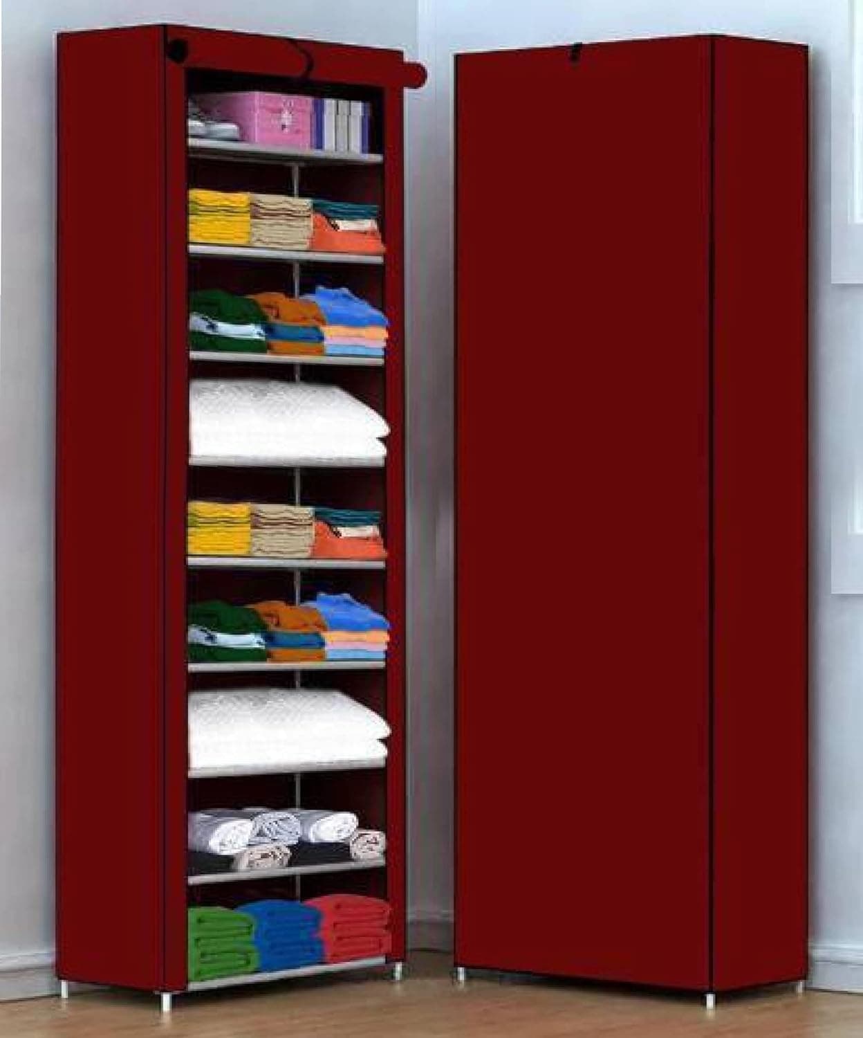 ClearSpace Multipurpose Baby Wardrobe/Cabinet/Multipurpose Storage Rack, Foldable, Collapsible Fabric Wardrobe Organizer for Clothes (Plastic and Non Woven Fabric) (Maroon, 9 - Layer)