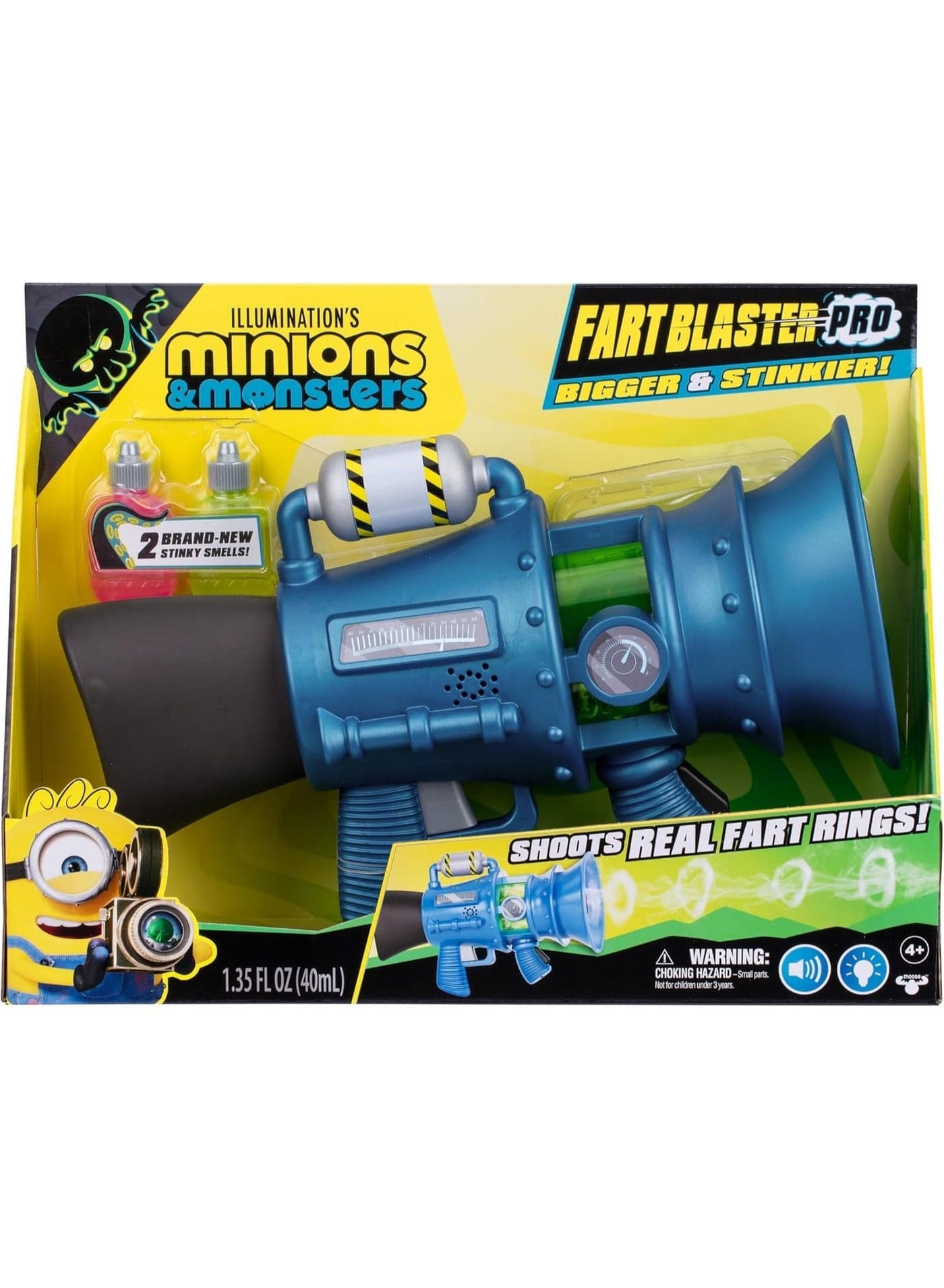 Minions & Monsters Fart Blaster Pro Interactive Toy Gun | 15 Funny Fart Sounds | Shoots Fart Rings up to 1.8m | 8 Stink Level Settings | Includes 2 Scent Formulas | Electronic Role Play Toy for Kids 6+