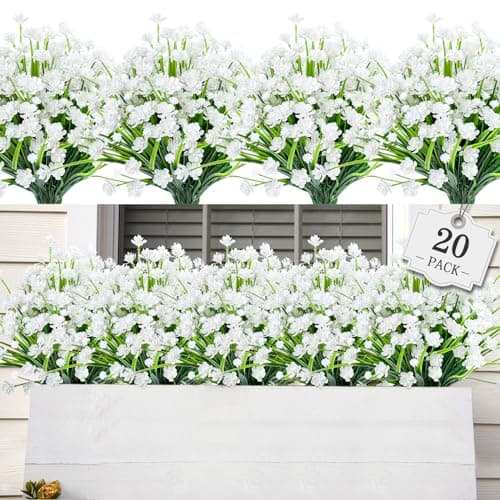 AmyHomie 20 Bundles Artificial Flowers for Outdoor Outside Spring Summer Decoration UV Resistant Faux Flowers No Fade Fake Plastic Plants Garden Porch Window Box Decorating (Pure White)