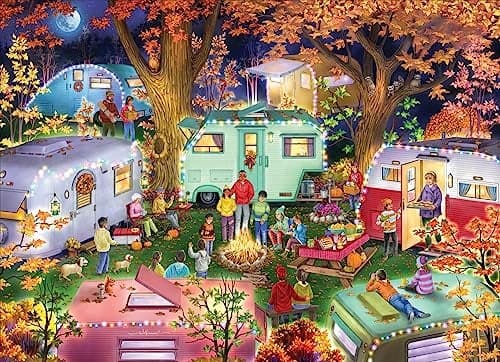 Vermont Christmas Company Camping in The Fall Jigsaw Puzzle 1000 Piece Autumn Themed Puzzle for Adults Featuring Retro Campers Randomly Shaped and Fully Interlocking Pieces