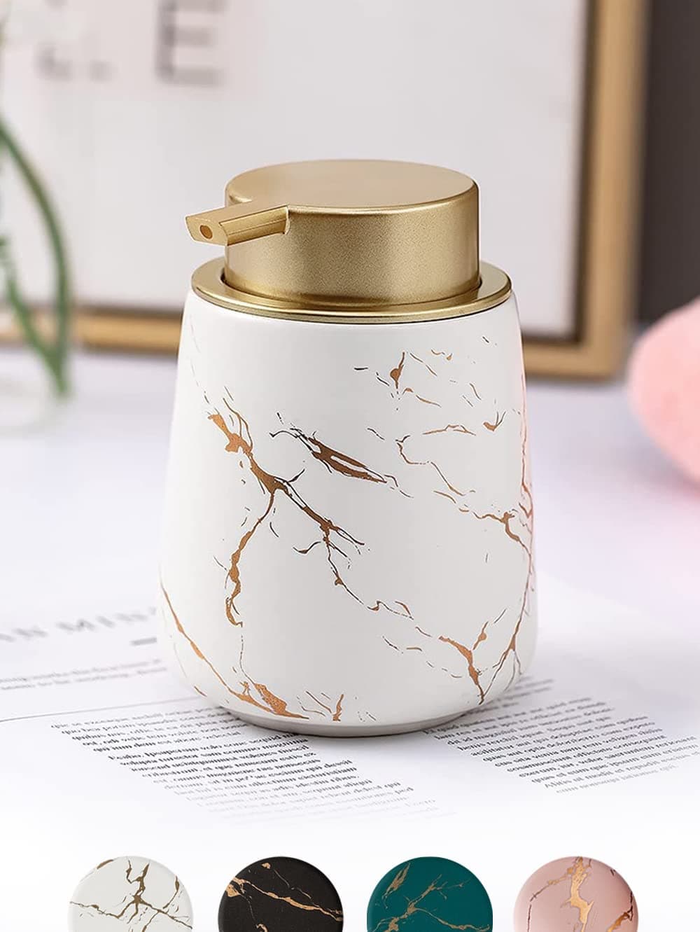 Luxury Ceramic Soap Dispenser (Luxe White) - 400ml Wide Modern Refillable Lotion Shampoo Handwash Bottle Matte White with Gold Marbling Premium Countertop Accessory for Bathroom, Kitchen & Wash Basin