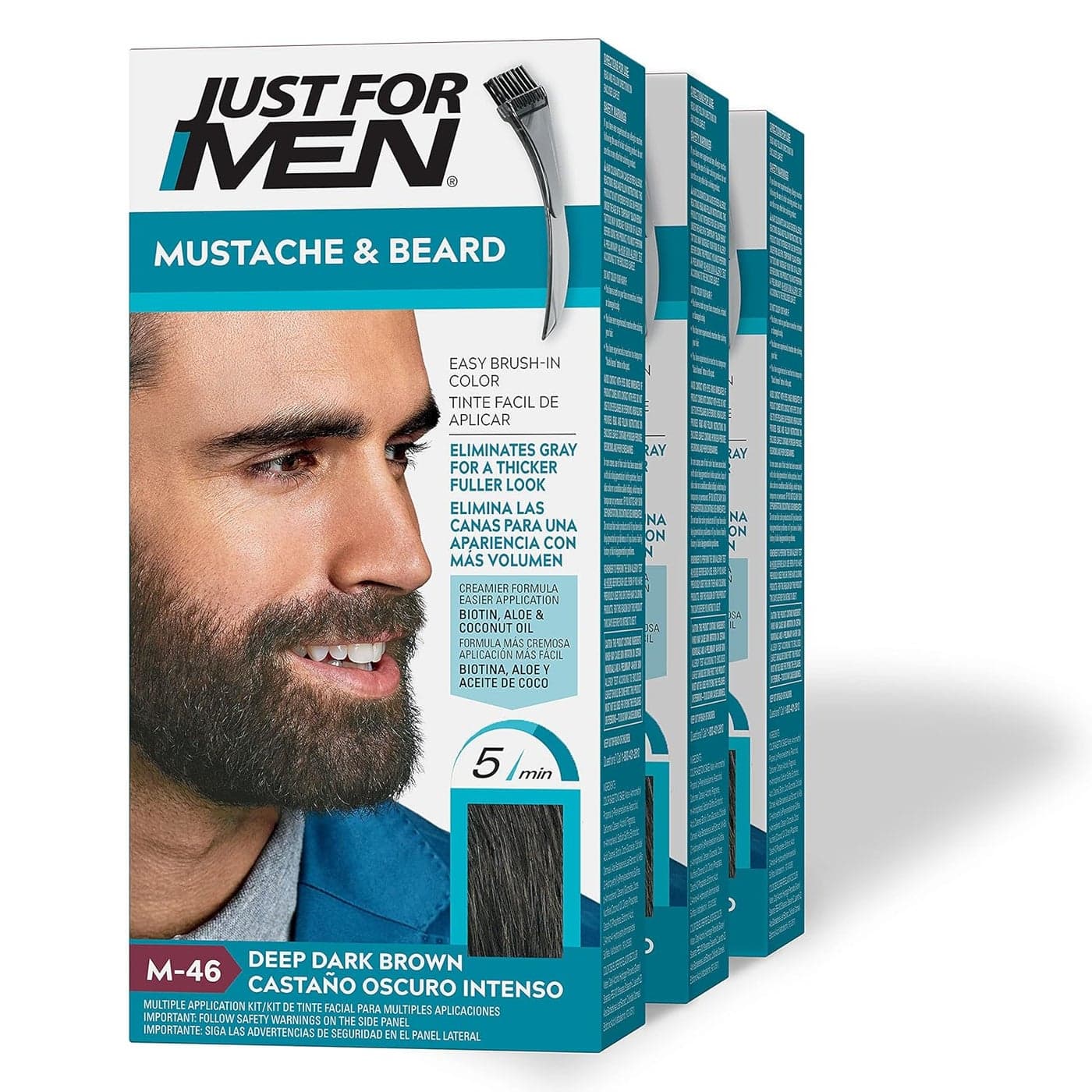 Just For Men Mustache Beard Beard Dye for Men with Brush Included for Easy Application With Biotin Aloe and Coconut Oil for Healthy Facial Hair Deep Dark Brown M46 Pack of 3