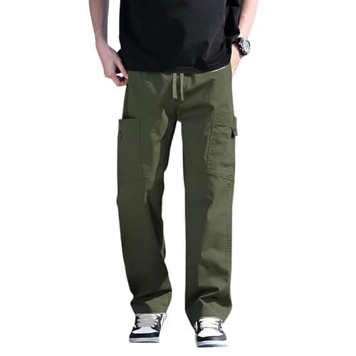 SMOWKLY Men’s Cotton Cargo Pants|Casual Trousers for Men|Comfortable Lower for Men|Pants for Man with 6 Pockets & Drawstring Elastic Waistband|Outdoor Trousers (1685_OGRN_30) Olive Green