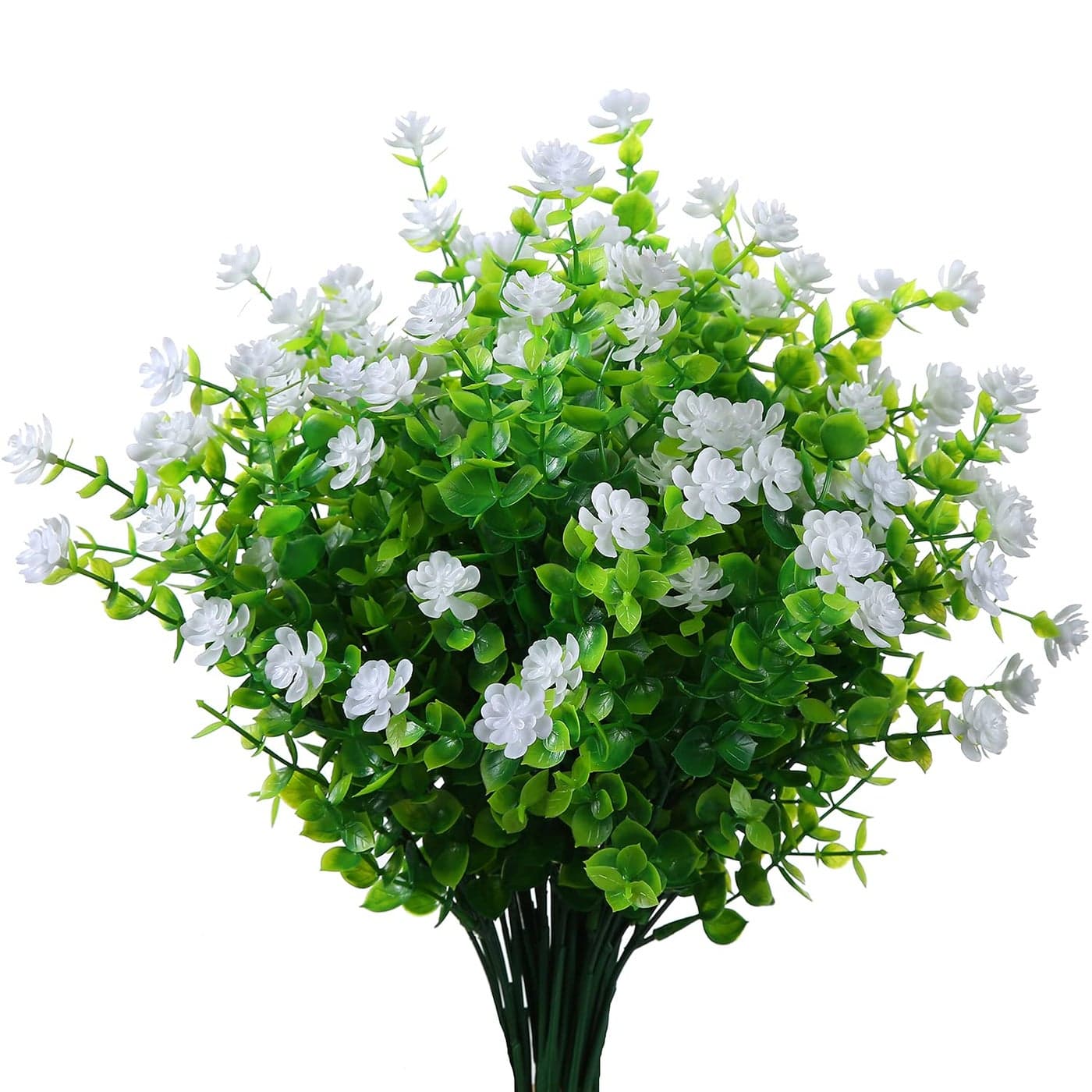XLFAQXM Artificial Plants Flowers Grass Shrubs 8 Pack No Fade Faux Plastic Flowers Outdoor for Vases Farmhouse Garden Porch Patio Office Indoor Wedding Decoration Greenery Fake Plants 2White
