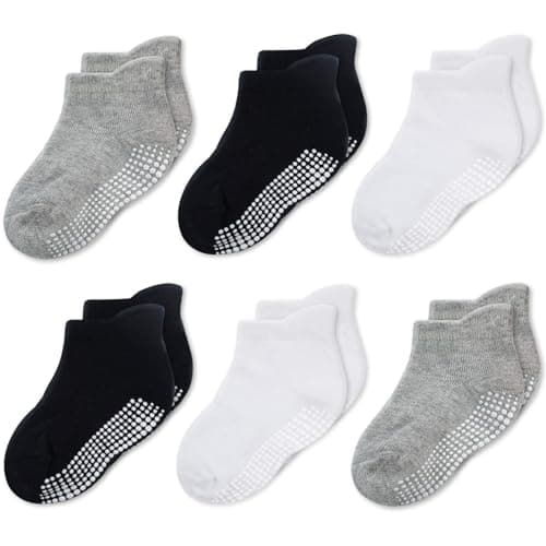 CozyWay Toddler Socks With Grippers - Non-Slip Safety With Toddler Grip Sock - Soft Cotton Comfort - Easy On/Off With Kids Ankle Fit - 3T-5T, Pack of 6, Black/White/Gray