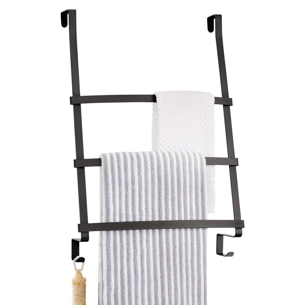 Indian Decor 50790 Modern Decorative Metal Over Shower Door Towel Rack Holder Organizer with Storage Hooks for Bathroom Towels Washcloths Hand Towels Loofahs and Sponges Black