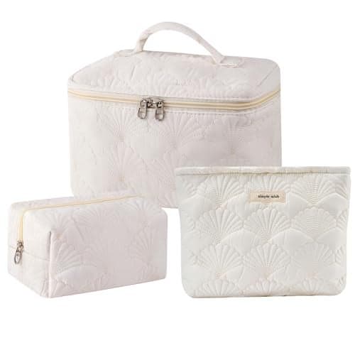 RSRSLEII 3Pcs Quilted Cotton Coquette Makeup bag Coastal Granddaughter Aesthetic Cosmetic Bag Cute Seashell Portable Travel Toiletry Pouch 08 3Pcs White