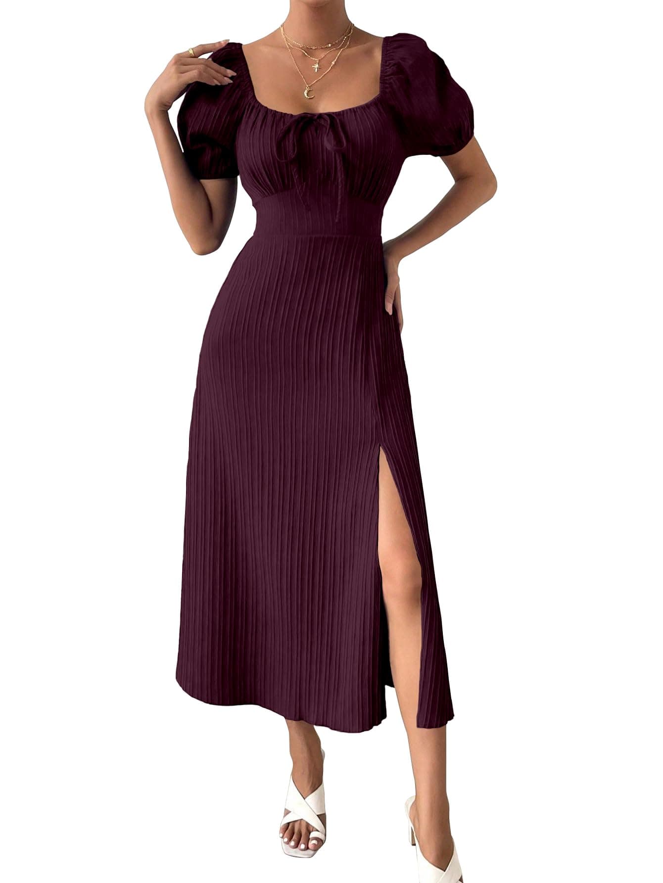 Shasmi Women's & Girl's Magenta Tie Front Split Thigh Milkmaid Maxi Dress – Square Neck Puff Sleeve A-Line Long Dress, Elegant Casual & Parties Wear for Ledies (Dress 245 Magenta-S)