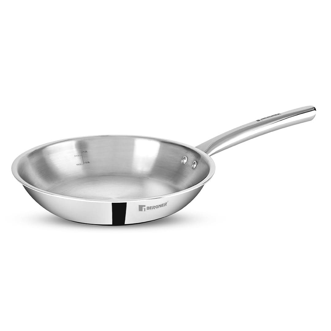 Bergner Tripro TriPly Stainless Steel 22 cm Frypan/Skillet, 1.5 Litre Frying pan with Heavy Bottom, Metal Spatula Friendly, Induction Bottom and Gas Stove Ready (5-Year Warranty
