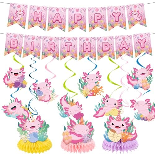 Refavor Axolotl Birthday Party Decorations 15PCS Axolotl Theme Birthday Banners Hanging Swirl Honeycomb Centerpieces Cute Salamander Party Decor Kids Girls