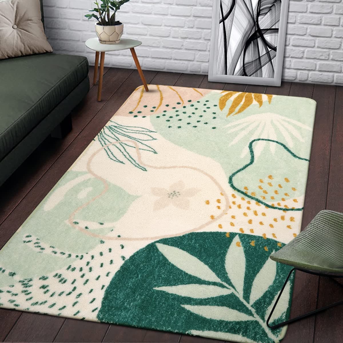 Lahome Green Botanical Print Small Throw Rugs Modern Abstract NonSlip 3x5 Minimalist Art Area Rug Accent Distressed WashableFloor Carpet for Living Room Bedroom Entryway