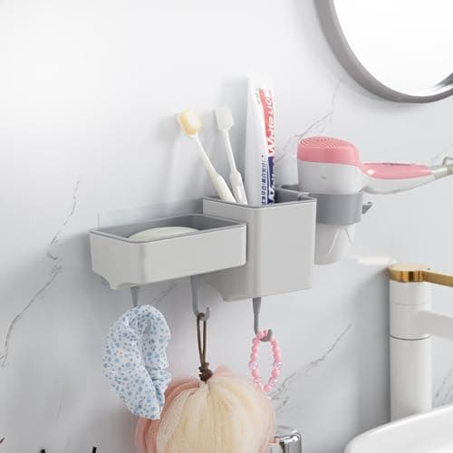 HOKIPO Multi-Compartment Plastic Wall-Mounted Bathroom Organizer with Hooks – Stickable No-Drill Toothbrush, Soap & Hair Dryer Holder | Bathroom Shelf & Storage Rack (AR-6087)