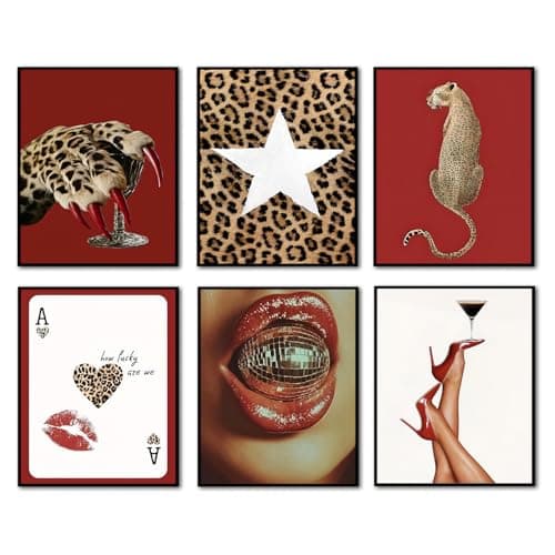 Trendy Leopard Wall Art Poster Set of 6, Red Funky Cheetah Martini Disco Ball Lip Pictures Wall Decor, Fashion Preppy Coquette Paintings Prints for Living Room Bedroom Dorm 8x10 inch Unframed