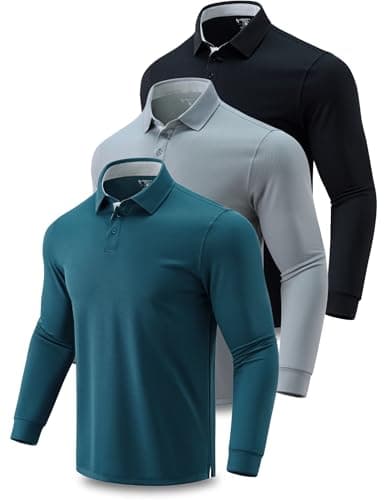 3 Pack: Dry Fit Long Sleeve Polo Shirts for Men, Athletic Collared Golf T-Shirts Performance Tops (Set 2, Large)