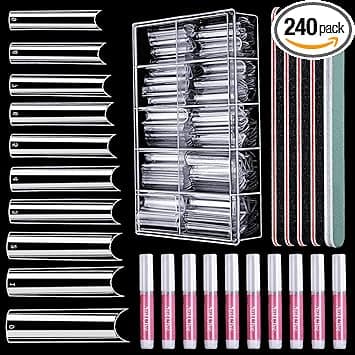 HNYYZL Extra Long Square ABS False Nail Tips 240Pcs Kit with C Curve Nail Glue File for Salon Home DIY