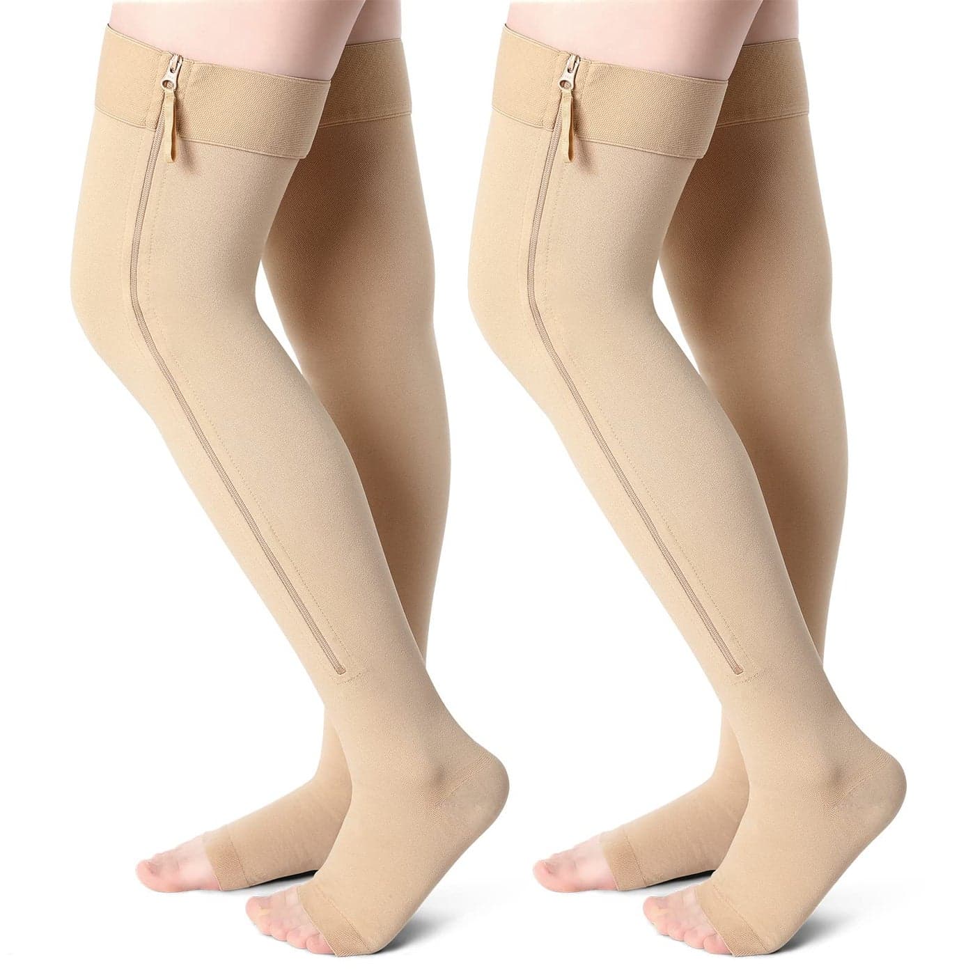 2 Pairs Open Toe Thigh High Zipper Compression Socks 2030 mmHg Zipper Compression Stockings for Women Men Swelling Edema Skin Color Large
