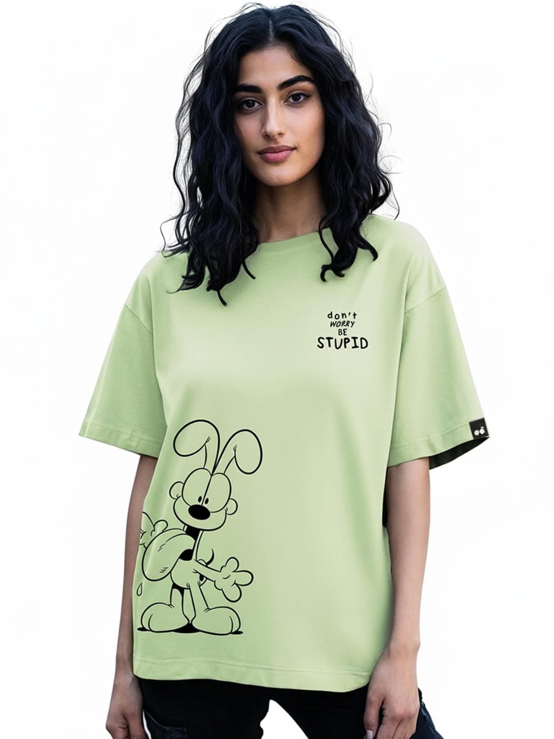 Bewakoof X Official Garfield Merchandise Women's Be Stupid Odie Graphic Printed 100% Cotton T-Shirt - Oversized Fit, Round Neck, Half Sleeves, Green, 3XL