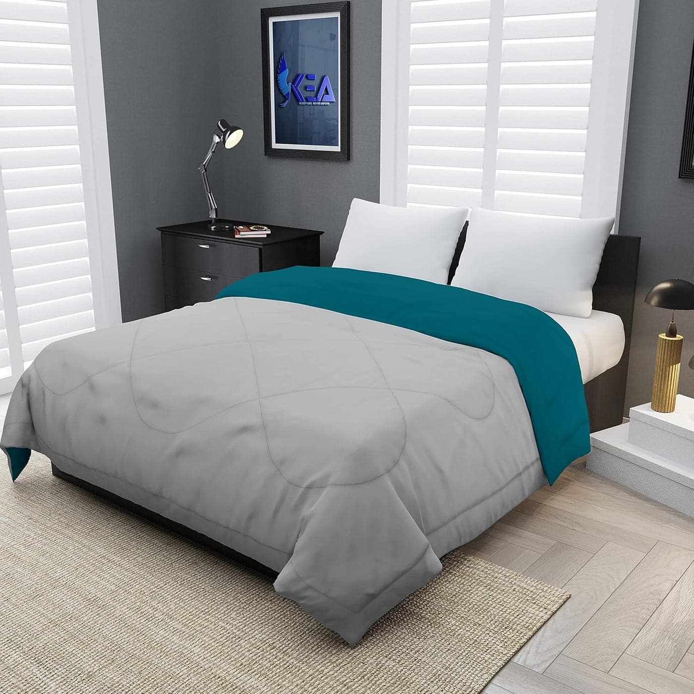 KEA Microfibre Reversible Double Bed King Size ComforterDuvet for All WeatherCyan Grey 250 GSMComforter Double