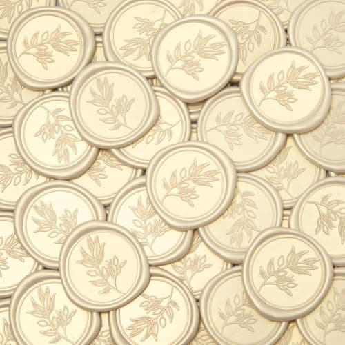 Pilloze 50Pcs Ivory White Self-Adhesive Wax Seal Stickers Wedding, Olive Branch Style Wax Seal Perfect for Wedding Invitation or Envelope Good Adhesion and Easy to Use