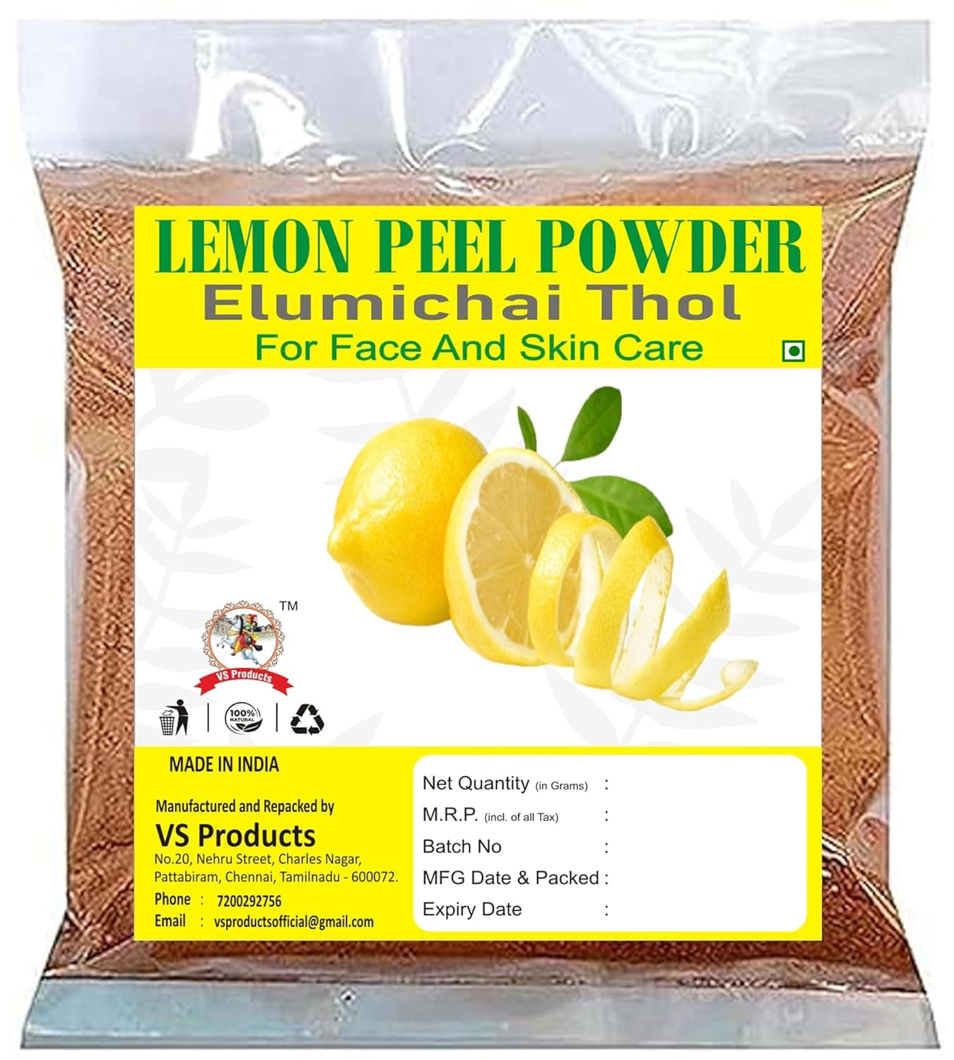 VS Products Lemon Peel Powder 550g Jambiri Peel Powder Nimbu Chilka Powder For Face And Skin Care 550g pack of 5 x 100g Pack of 1 X 50g