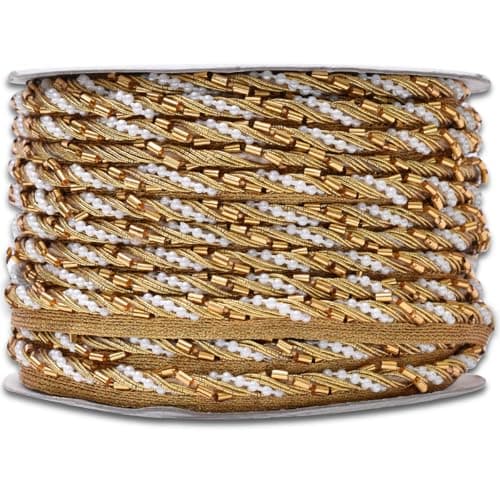 EmbroideryMaterial Golden Zari Lace for Saree | Lace with Golden Tube Beads & White Pearls for Embellishment of Lehenga, Kurta, Blouse, DIY Crafts (1CM Width, 9 Meters/Roll)
