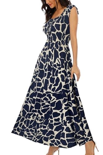 OSTOO Women's 2025 Summer Boho Floral Print Tiered Casual Flowy Long Maxi Dress(Navy,M)