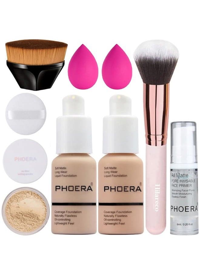 PHOERA Foundation, Full Coverage Foundation, PHOERA Primer, PHOERA Powder, PHOERA Makeup Set, Kabuki Makeup Brushes Foundation Brush Powder Brush,2 Pcs Makeup Sponge (102 Nude + 103 Warm peach)