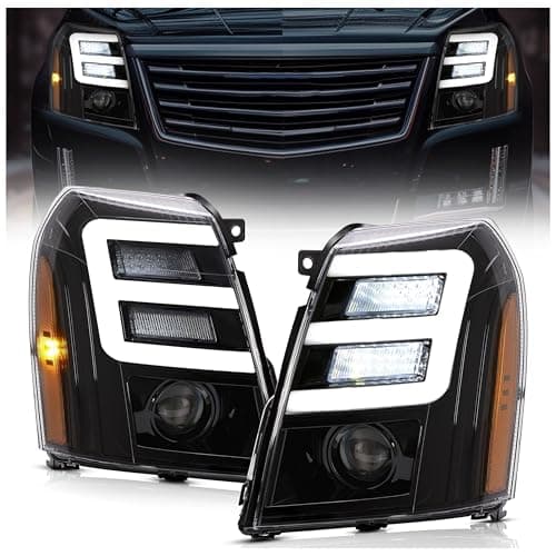 HECASA Headlight Compatible with 2007-2014 Cadillac Escalade w/LED Tube Day Running Light LED Projector