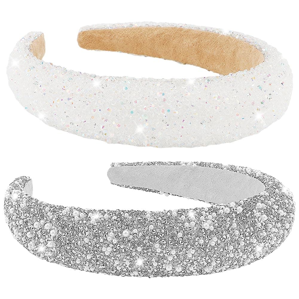 AHONEY 2 Pack Rhinestone Headband for Women Girls Glitter Sequin Beaded Pearls Padded Headbands for Women Prom Wedding Sparkly Hair Bling Birthday Hair Accessories SilverWhite