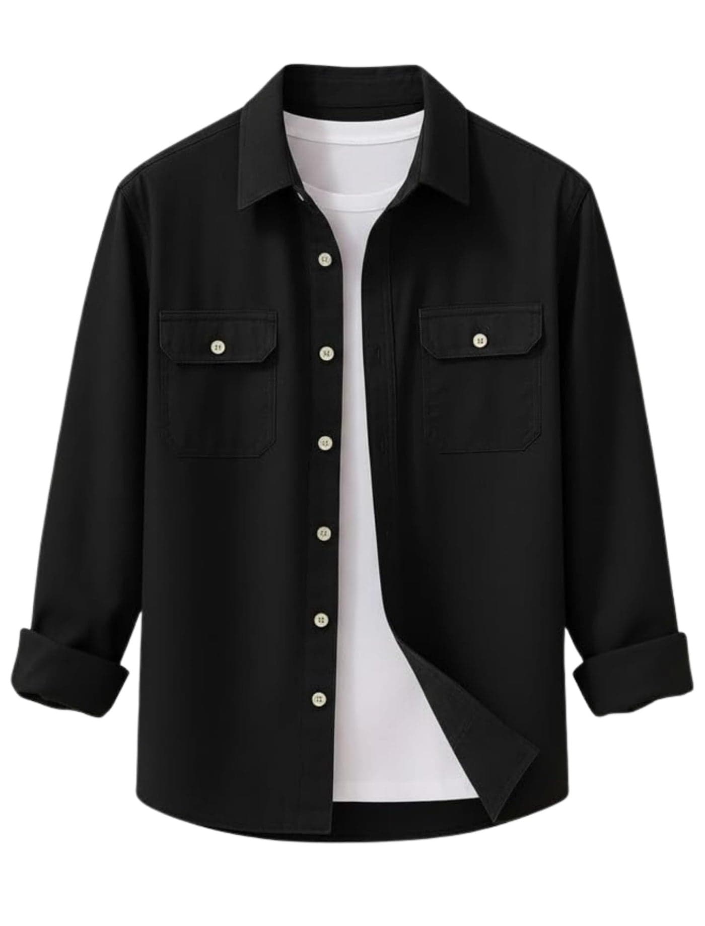 DEELMO Men’s Stylish Cotton Blend Casual Shirt || Full Sleeve Button-Down Shirt with Dual Flap Pockets || Comfortable Breathable Fabric || Perfect for Casual Office and Outing Wear Black