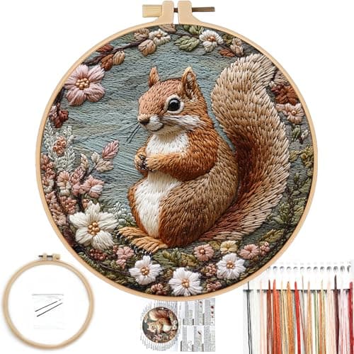 FONNUY Funny Squirrel Floral Embroidery Kit Cross Stitch Kits for Beginners Handmade Crafts with Printed Patterns for Beginner Adults Easy to Follow Color Thread Needlework 8 Hoop Happy