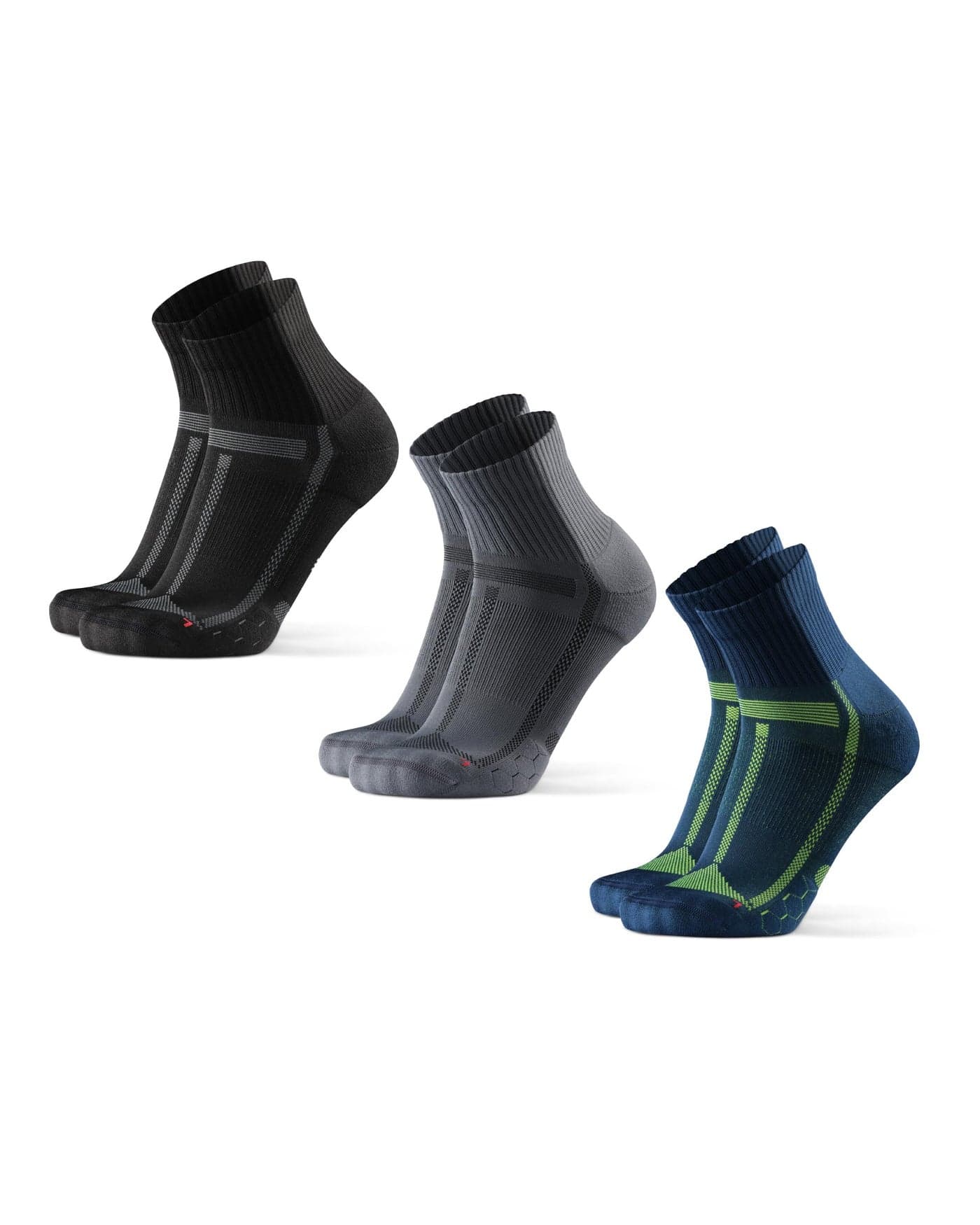 DANISH ENDURANCE 3 Pack Running Socks for Long Distances, Quarter, Men & Women, Multicolor (1 x Black/Grey, 1 x Blue/Yellow, 1 x Grey/Black), US Women 11-13 // US Men 9.5-12.5