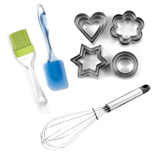 Sulfar Combo of Stainless Steel Cookie Cutter, Silicone Spatula & Pastry Brush, Hand Wire Whisk