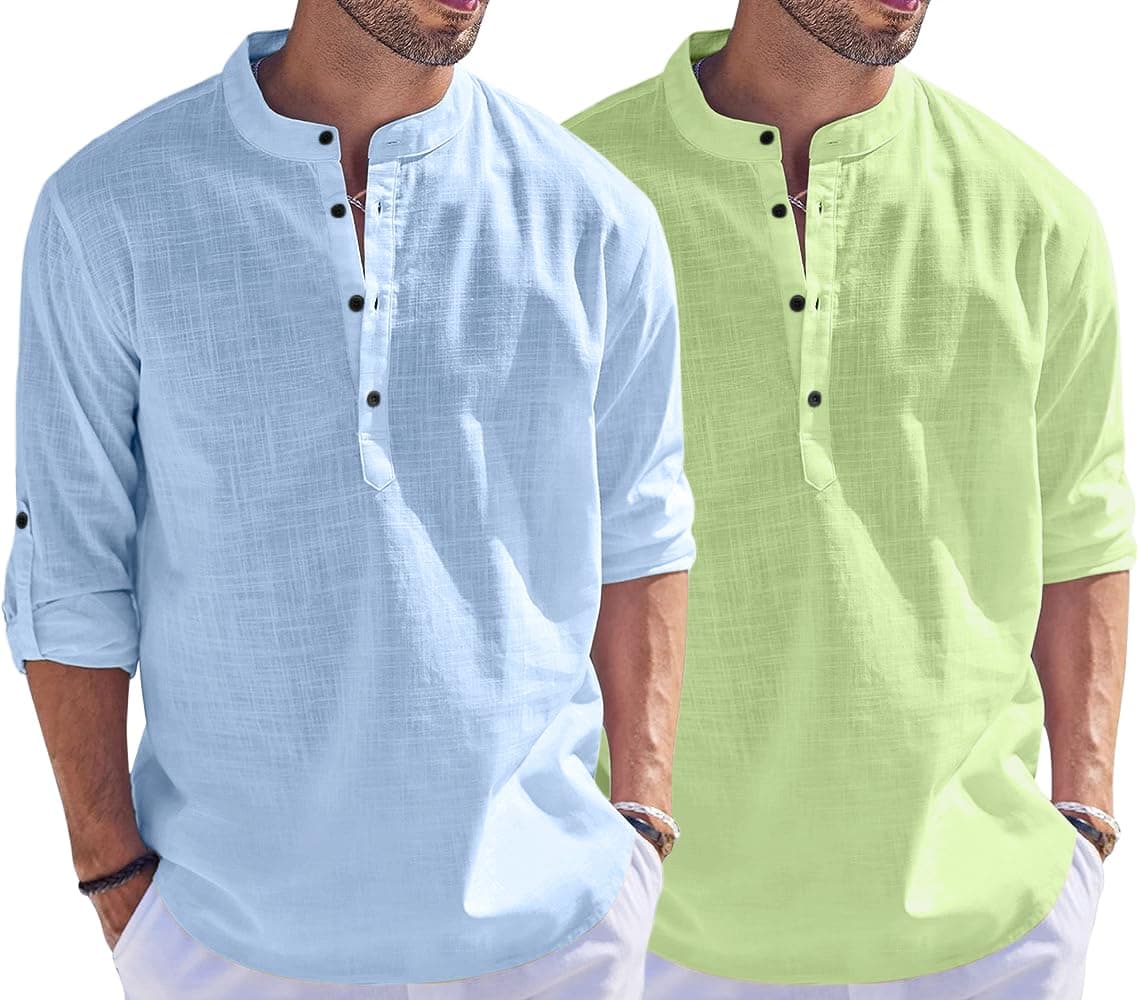 Bellstone Men's Cotton Blend Straight Kurta Shirt Combo with Mandarin Collar - Slim Fit Casual Short Kurti Set Featuring Textured Slub Fabric and Roll-Up Full Sleeves