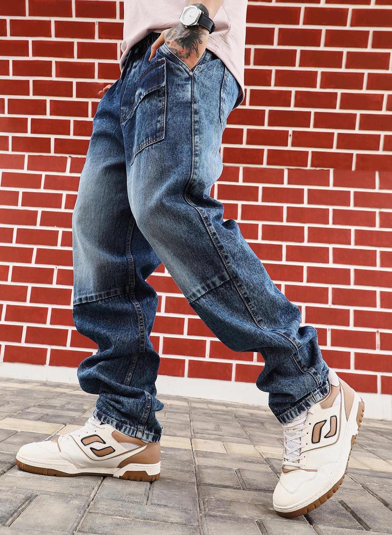 Men's Indigo Blue Modular-Utility Panelled Denim Jeans