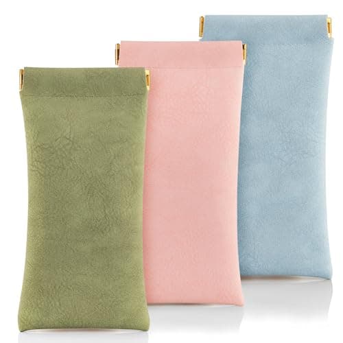 FHJLZFA 3 pack leather eyewear case PU soft sunglasses bag squeeze top portable lightweight eyewear case for men and women (Blue + Pink + Green)