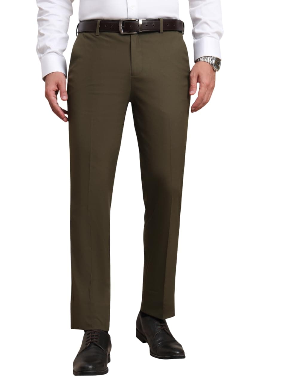 SaintX Men's Premium Stretchable Formal Trouser with Techno Flex Waistband | Slim Fit | Italian Design | Triple Blend Special Fabric Pants | Office Wear/Executive Wear (ST01_OLV_32) Olive