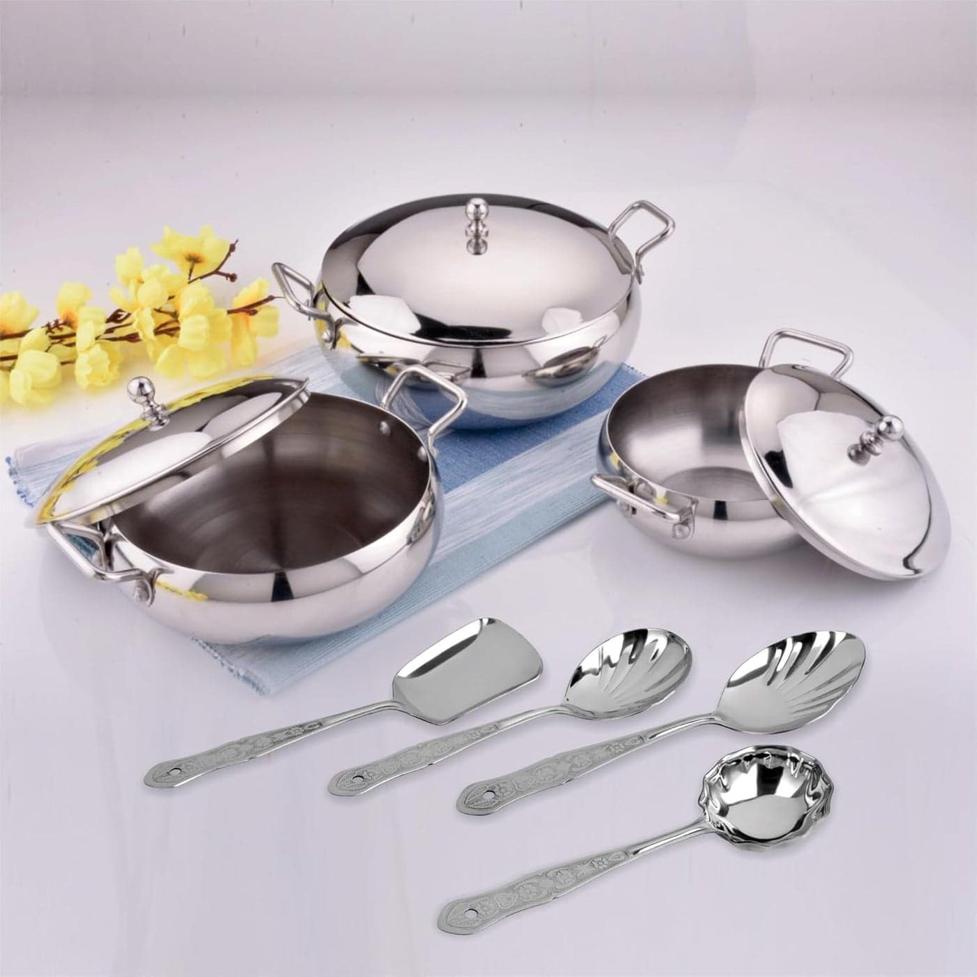 Amanda Premium Stainless Steel Handi Set with Lids (550ML, 950ML, 1550ML) & 4-Piece Serving Spoon Set | Durable, Rust-Resistant, Riveted Handles | Ideal for Cooking & Serving