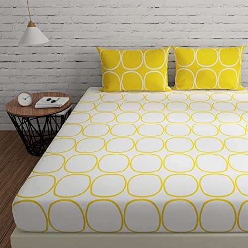 Huesland by Ahmedabad Cotton 144 TC Cotton Bed Sheet for Double Set Bed with 2 Pillow Covers - White & Yellow