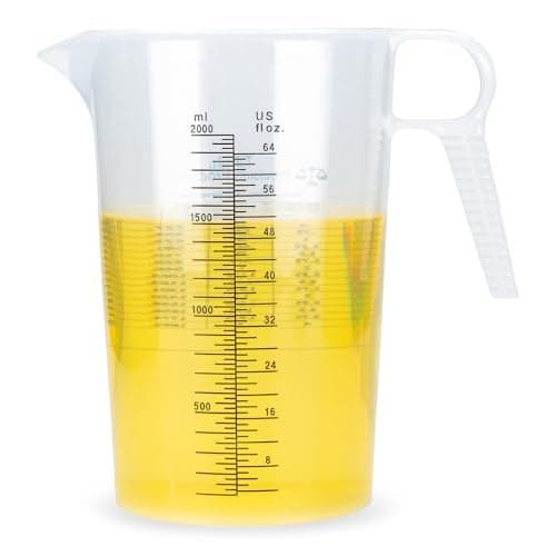 Half Gallon 64oz (2 quart) Measure Pitcher- Conversion Chart-Strong Food Grade - Resistant to Chemicals- Great for Lawn, Pool & Spa, Ag, Home Hobbies, Lye, Cooking, Shop Motor Oil Fluids Made In USA