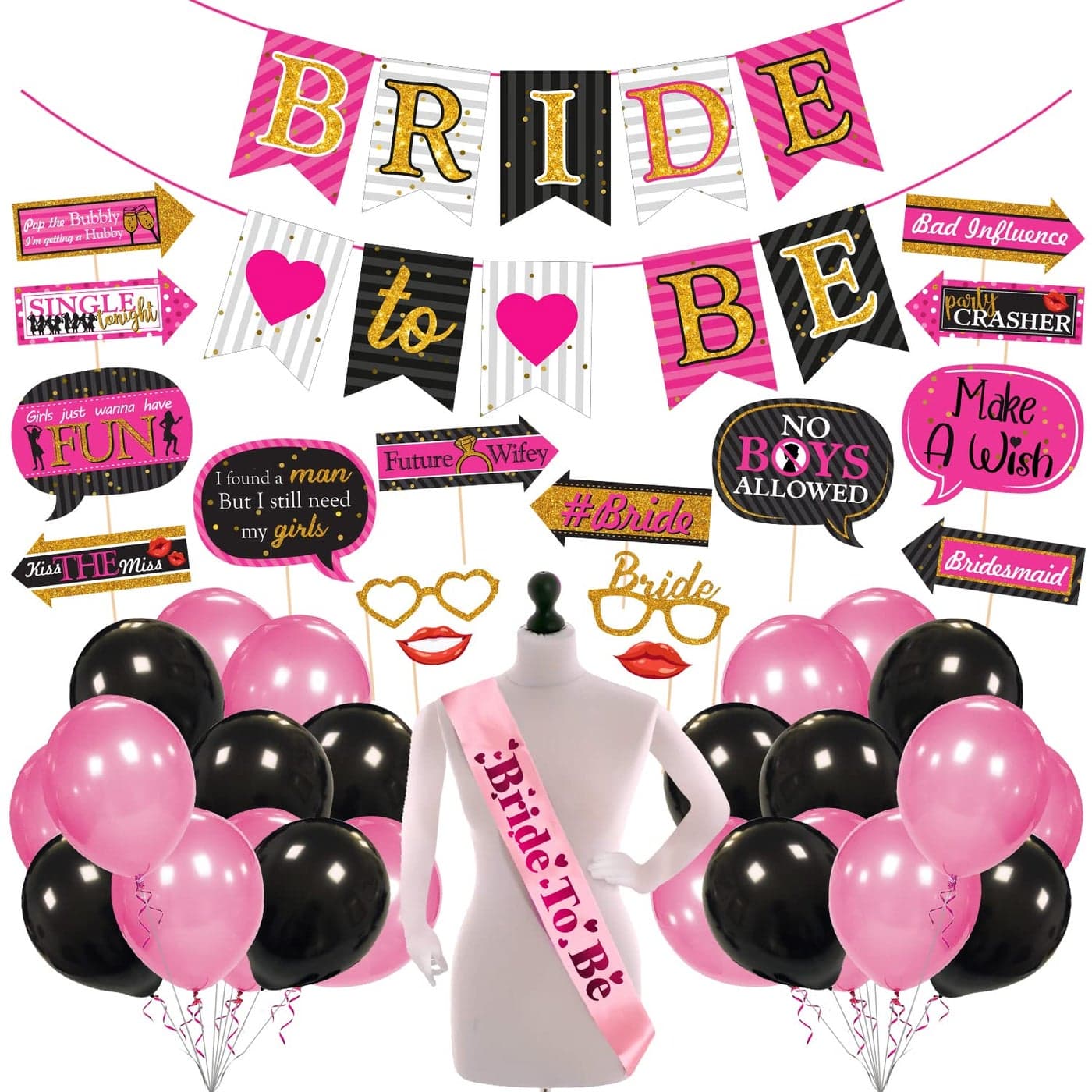 Zyozique 43 Pcs Bachelorette Party Decorations Kit Bridal Shower Party Supplies Engagement Party Decor Bride to Be Decoration Paper Banner Sash and Photo Booth Props with Balloons Set of 43